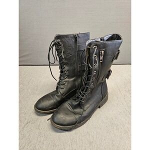 Womens Black Combat Lace Up Buckle Zipper Mid Calf Boots Size 8